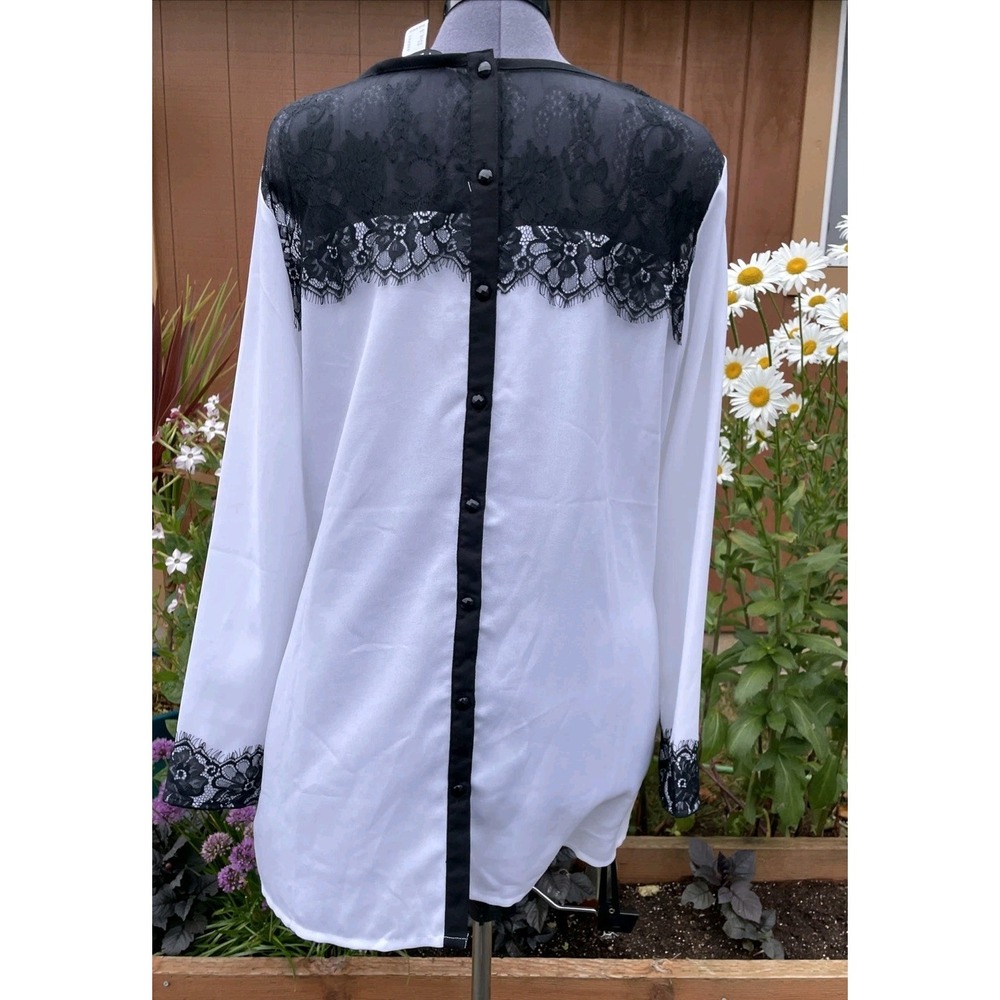 Venus White Button Back Blouse Size 14 Black Lace Yoke Whimsigoth Goth Tunic Top - Picture 7 of 12